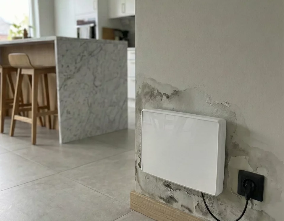 Heizkörper an feuchter Wand mit Schimmelspuren in modernem Wohnraum