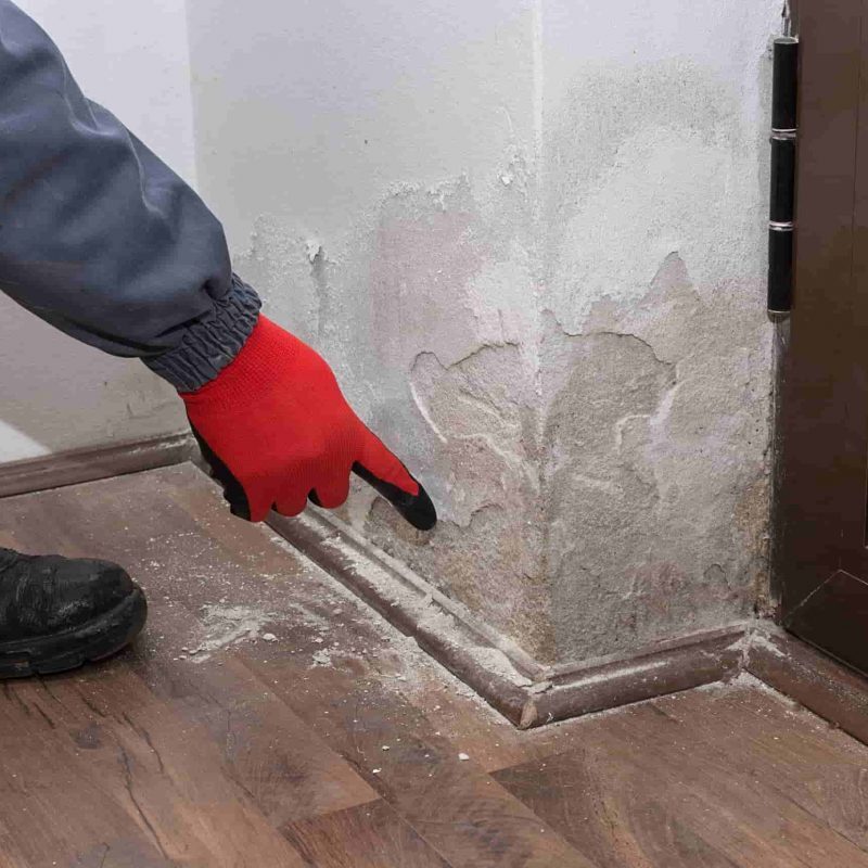 Person trocknet feuchte Wand mit Heißluftgerät nach Wasserschaden