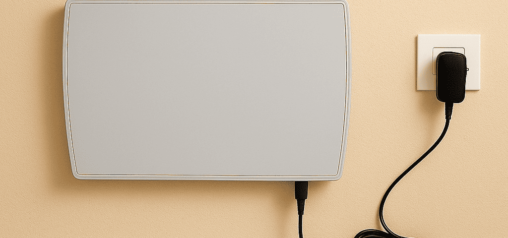 ATE filairgebundenes Wandtrocknungsgerät an gelber Wand mit Netzteil montiert