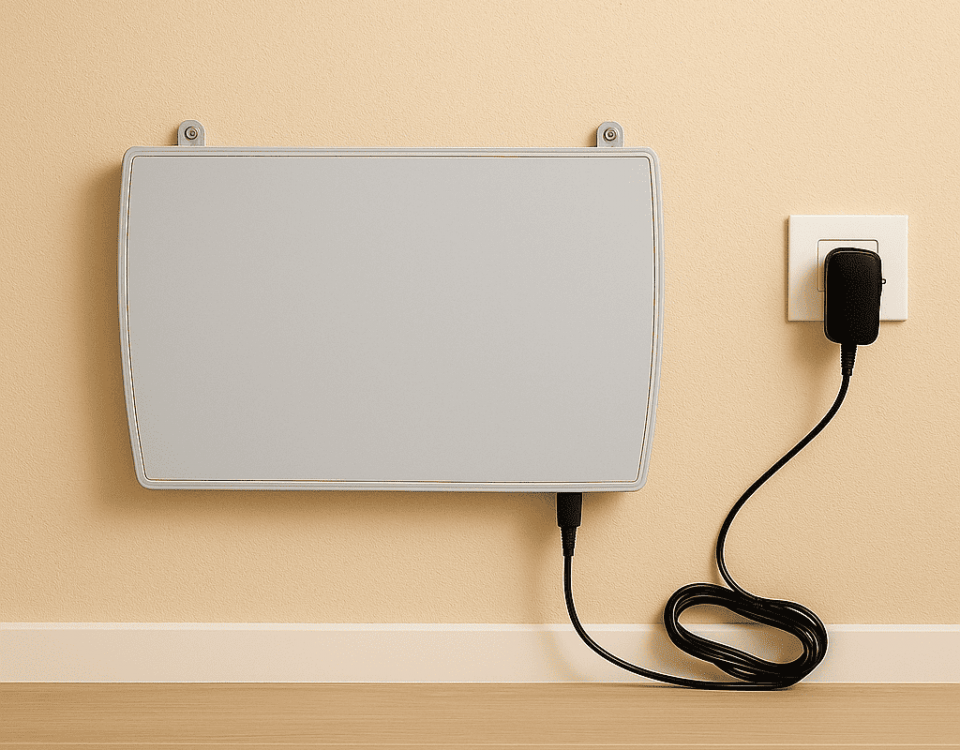 ATE filairgebundenes Wandtrocknungsgerät an gelber Wand mit Netzteil montiert