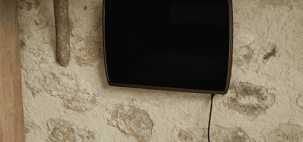 ATE LC30 Gerät an feuchter Wand installiert zur Bekämpfung von aufsteigender Feuchtigkeit und Salpeter