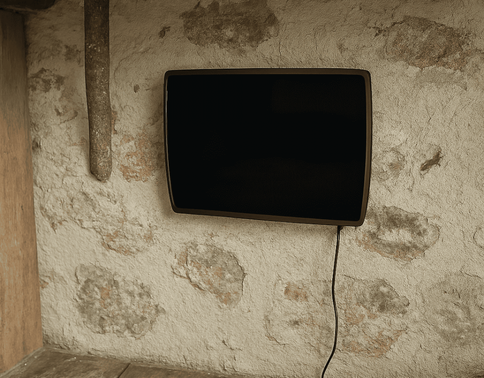 ATE LC30 Gerät an feuchter Wand installiert zur Bekämpfung von aufsteigender Feuchtigkeit und Salpeter