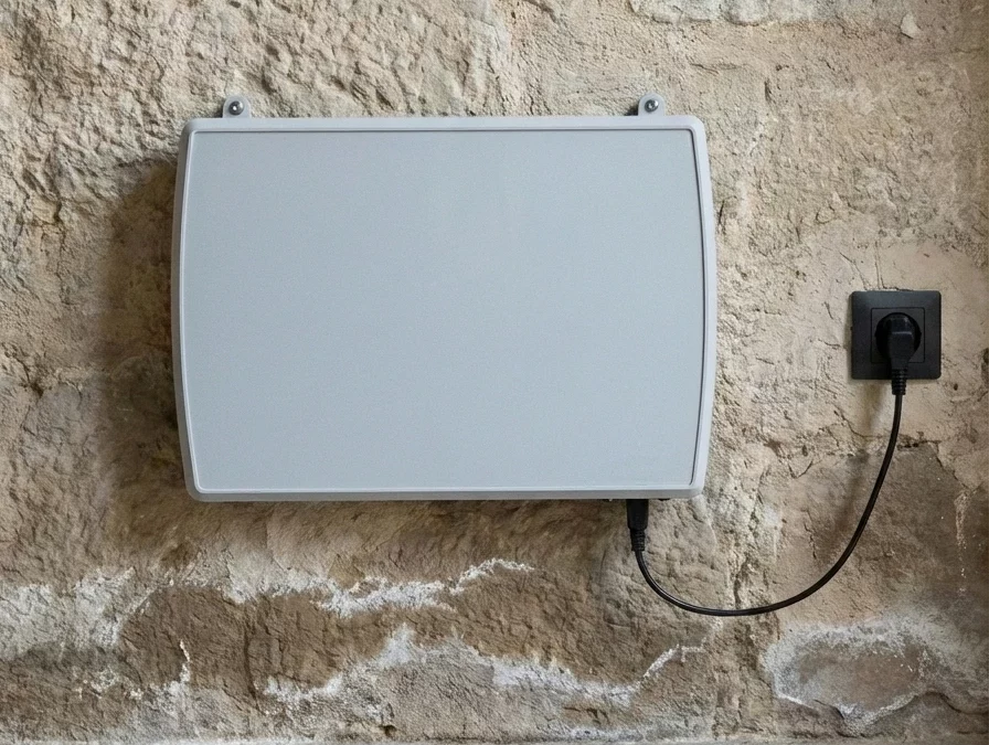 ATE-Gerät gegen aufsteigende Feuchtigkeit an geschädigter Mauer installiert